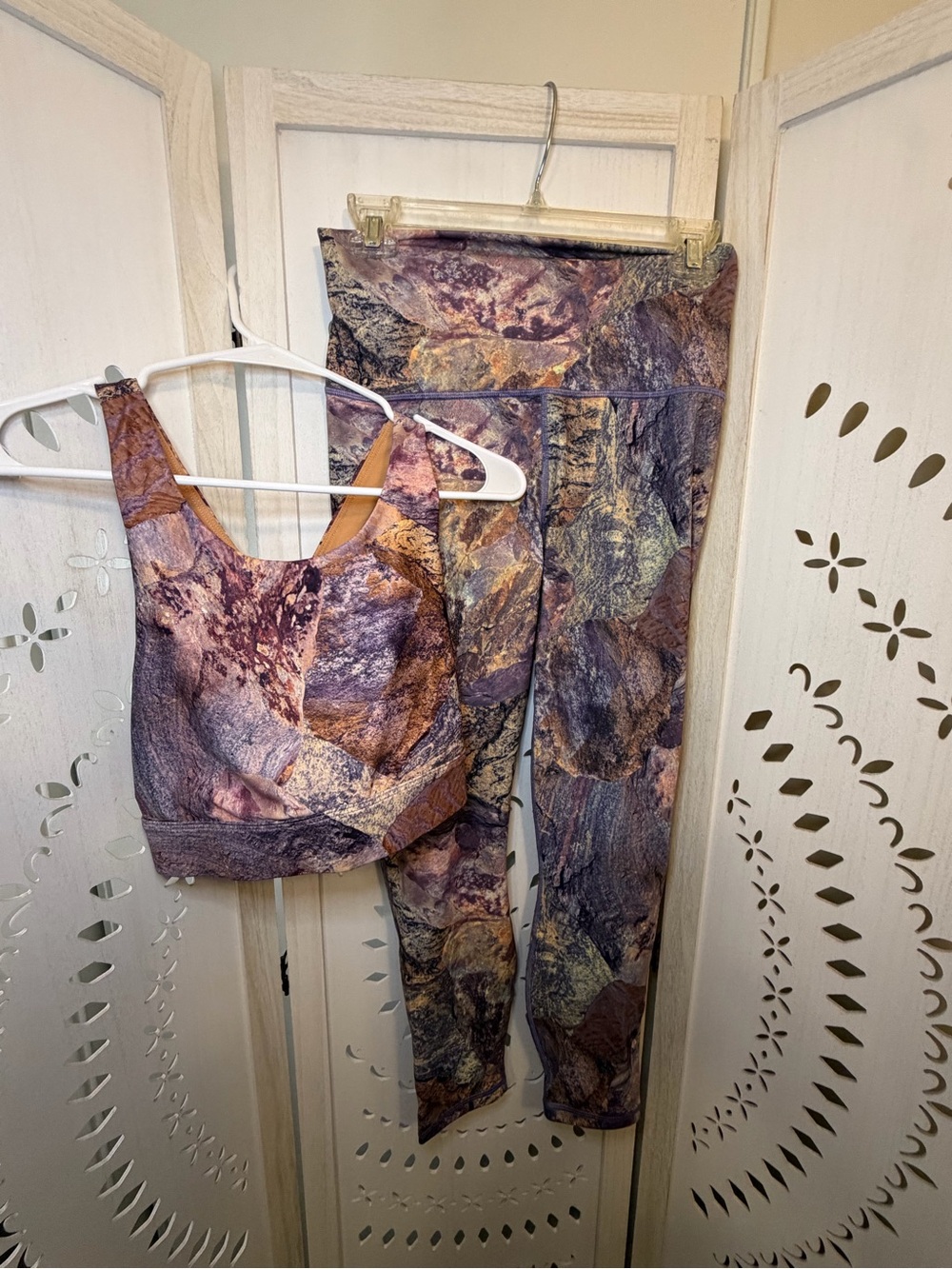 Fabletics Marble-Print Leggings & Sports Bra Set - Purple, Brown